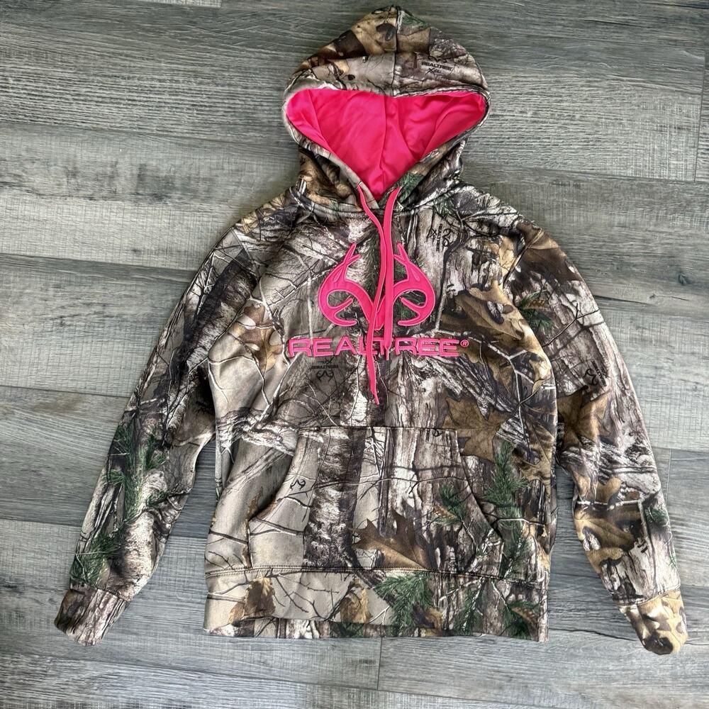Realtree Sweatshirt Womens Small 4-6 Camo Pink Logo Hoodie Pullover Hunting